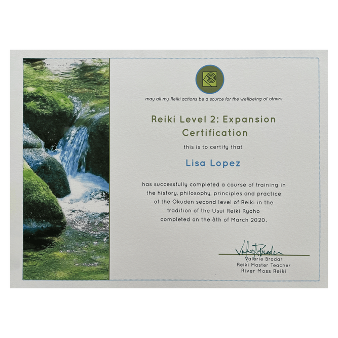 Lisa Lopez Serenity Shift Certification for Reiki Master Level 2 from River Moss Reiki