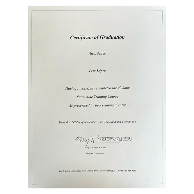 Lisa Lopez Serenity Shift Certification for Nurses Aide, 2021